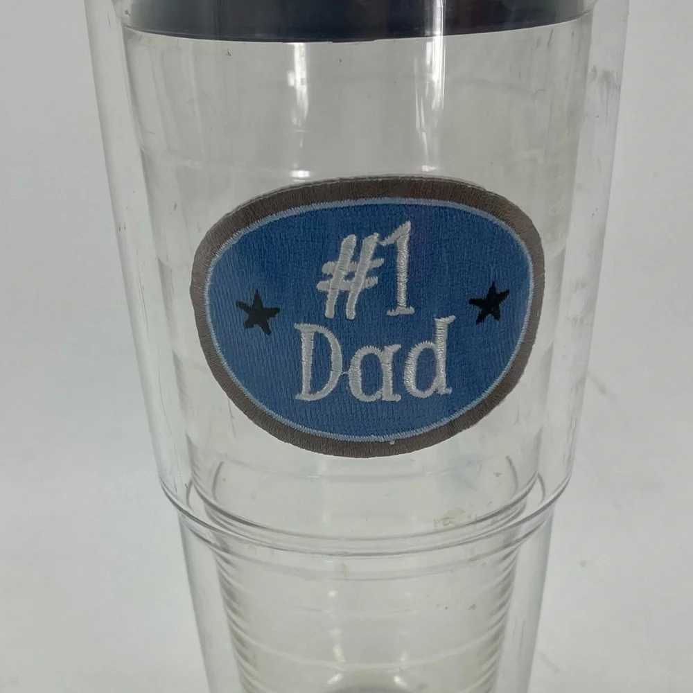 Tervis 24 oz Insulated Tumbler Blue Lid “#1‎ Dad” Blue Oval Embroidered Patch